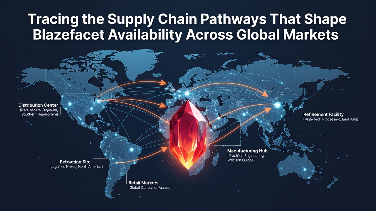 Global map illustrating blazefacet extraction sites, processing hubs, and major trade routes connecting source regions to international markets
